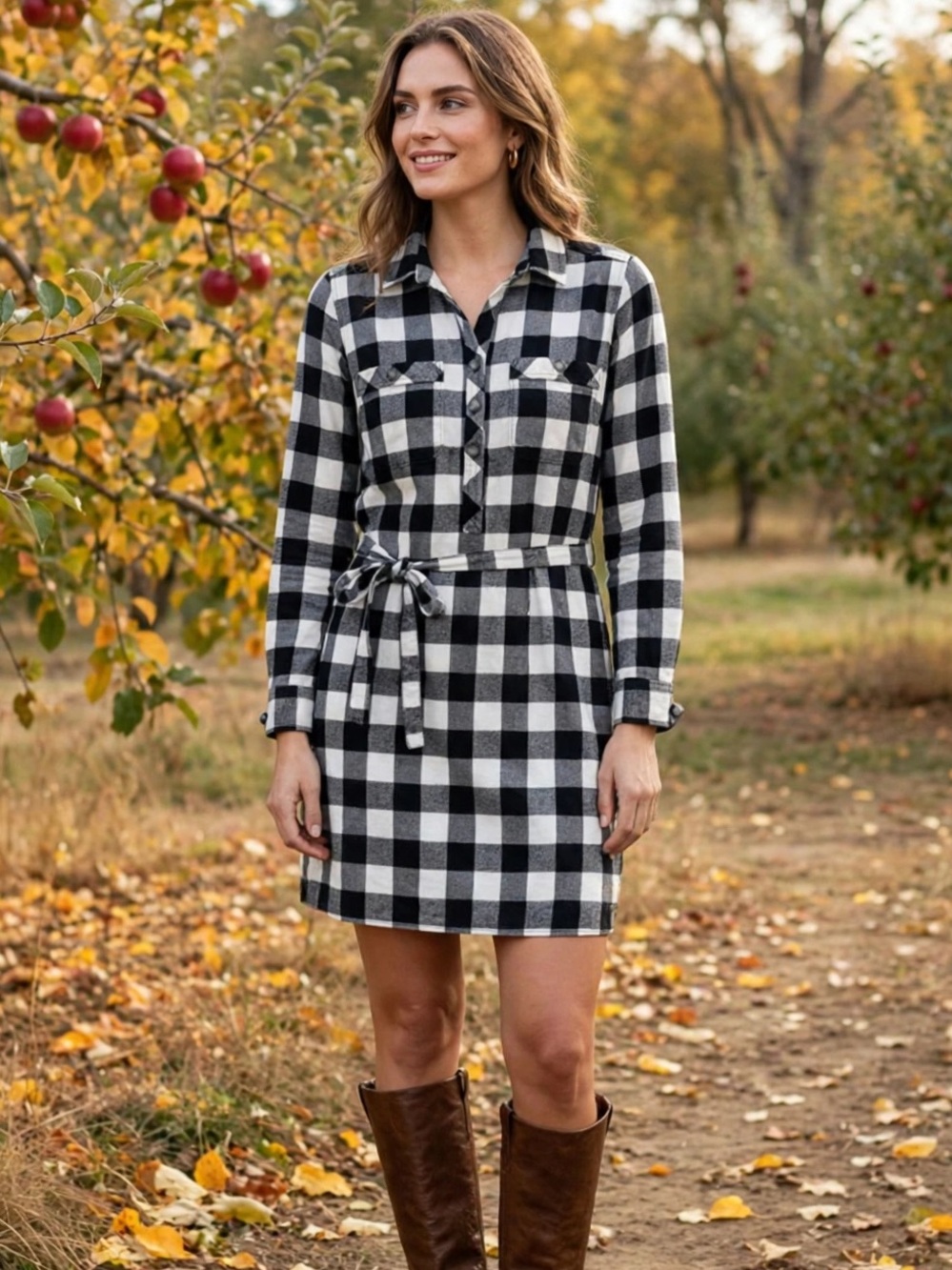 Eddie Bauer Dress Womens 2 Black White Buffalo Check Flannel Belted Shirtdress